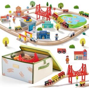 Tiny Land 110pcs Wooden Train Set with Folding Storage Box. Brand New in Box